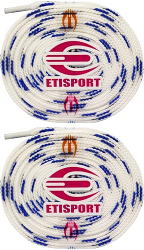 ETISPORT Paar professionelle flache Schnürsenkel für Hockey- und Schlittschuhe und Riemen mit Rollen. Beständig. Länge jeweils 3 m | 118in. (Weiß - Blauen Flecken)