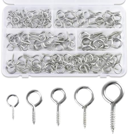 Anstore Ösenschrauben 120 Stück Haken Zum Schrauben Mit Plastikbox, 5 Größen Ringschrauben Hakenschraube Deckenhaken Schraubhaken Edelstahl Für Aufhängung, Schraubösen Silber für Handwerk, Möbel
