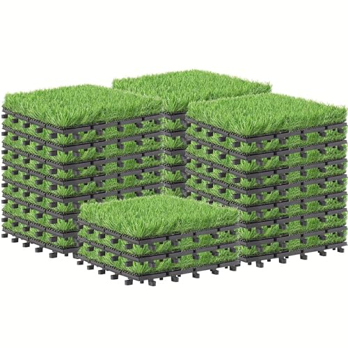 SUPEASY Künstliche Grasfliesen Interlocking Rasen Deck Set 27 Pack, 12x12 Synthetische gefälschte Gras Selbst Drainage Matte Bodenbelag Dekor Pad für Hund Haustier Indoor Outdoor