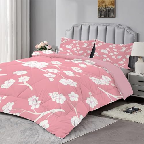 Qiwagu Couette Imprimée Fleurs 240x260 2 Pers., 4 Saisons, 200GSM Légère & Chaude, Rose Réversible, Lavable, 2 Taies d'Oreiller