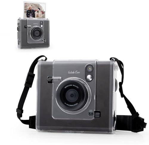 MUZIRI KINOKOO Housse de Protection pour Instax Wide Evo Appareil Photo instantané, Fuji Wide Evo étui Rigide en PVC, Cristal Housse avec Noir bandoulière réglable en Cuir PU - Transparent