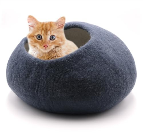Miauff Katzenhöhle aus Filz – Handgefertigte Kuschelhöhle aus 100 % Merino-Wolle – Hygienisch, geruchsneutral & stilvoll​, ca. 45x45x30 cm (azurblau, ohne Lammfell)