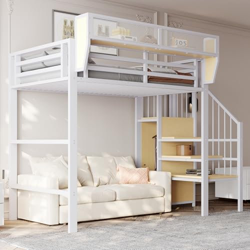 Moimhear Cama alta con escalera de seguridad y compartimento de almacenamiento flexible, cama de metal para adultos, cama para niños, litera (blanco, 90 x 200 cm)