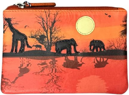 Mala Leather Savanna Safari Coin Purse – Genuine Leather Zip Top Wallet with Elephants & Giraffes Appliqué – Small Change Purse for Coins & Cards – 12.5 x 8.5 cm (Savanna)