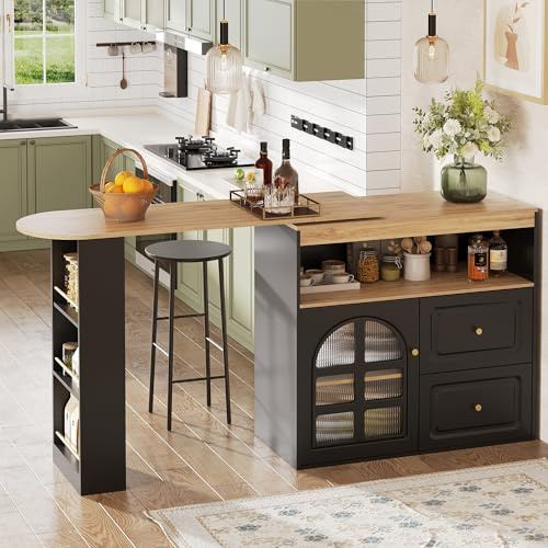 Merax Ausziehbarer Bartisch mit Stauraum, Kücheninsel 360° drehbar Küchentheke Küchenbartisch, Mit 3-stöckiges Snackregal,2 Schubladen,Glastürdesign,Schwarz/138-204 x 39 x 104 cm