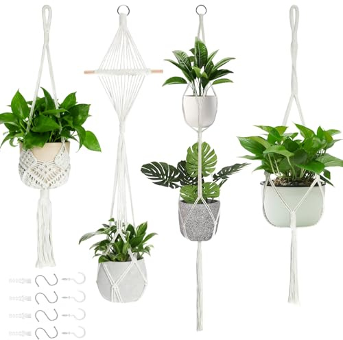 Petutu 4er Set Makramee Blumenampel – Handgeknüpfte Pflanzenhänger Baumwolle, Hängende Blumentopfhalter für Indoor & Outdoor, Wohnzimmer, Terrasse & Balkon