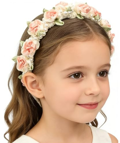 Flower Crown Headband, Floral Hairband for Wedding Christmas Party, Rose Flower Tiara for Bride Bridesmaid Women Girls（Pink）