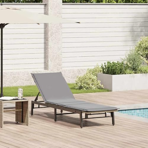 QUAHEAS Sonnenliege mit Auflage Beige Poly Rattan, 200x59cm, 3-Fach verstellbar, wetterfest, für Garten Terrasse Pool, inklusive Kissen, Robustes PE-Geflecht