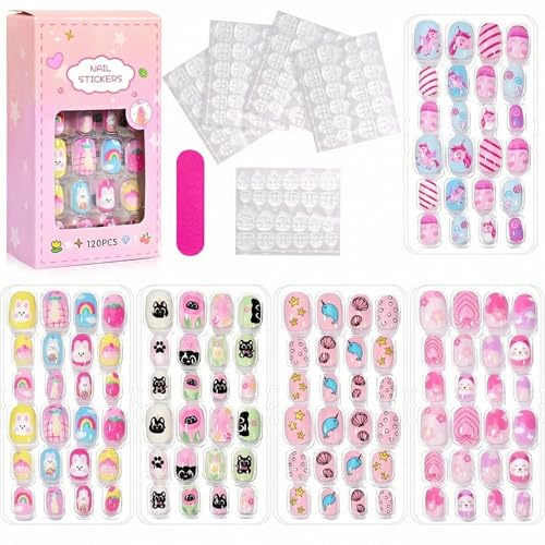 Satiskid 120 PCS Kids False Nails, Kids Stick on Nails Self Adhesive Nail Art Kit Cute Press on Nails for Girls Creative Nail Art, Gift for Kid