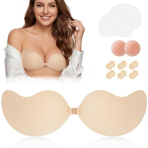 Pipoobear Klebe BH Push Up, Sticky Bra mit Nippelpads &Aufklebern für Damen | Wiederverwendbarer Klebe Push Up BH, unsichtbarer BH, starker Halt, für große & kleine Brüste, rückenfreies Kleid &Brautkleid