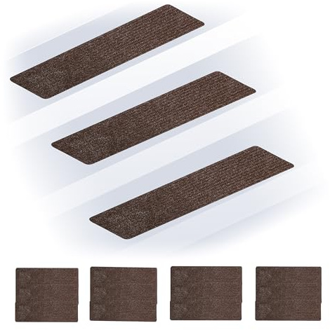 Relaxdays Stufenmatten 16er Set, rechteckige Treppenstufenmatten, 65 x 20 cm, selbsthaftende Treppenteppiche, braun