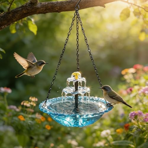 Vogeltränke Hängend Solar Springbrunnen,Solar Vogelbad für Außenbereich mit Metallketten, ABS-Konstruktion für Gartendekoration,Wasserspiel für Vögel Outdoor Balkon (Blau)