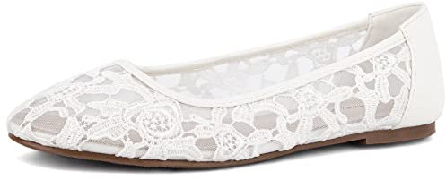 Greatonu White Lace Ballet Pumps for Women Flat Dress Wedding Ballerina Shoes 8 UK/41EU
