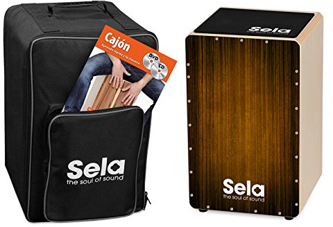 Sela SE 123 ES Varios Brown Cajon Bundle mit Rucksack, Sitzpad, spanischer Anfängerschule, CD und DVD