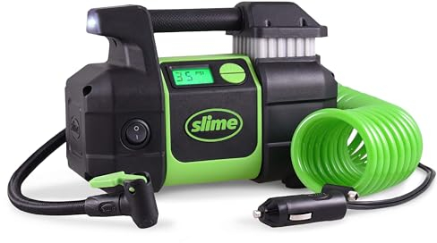 Slime 40063 Tire Inflator, Portable Car, SUV, 4x4 Air Compressor, Elite Heavy Duty, Inflate Right Automatic Shut Off, with Digital 99 psi Display, Long Hose and LED Light, 12V, 3 min Inflation