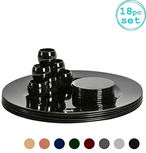 Argon Tableware Metallic Charger Plates, Coasters & Napkin Rings Set - Black - 18pc - 33cm - Reusable Dining Table Setting Plates Drink Placemats Napkin Holders for Christmas, Party Celebrations