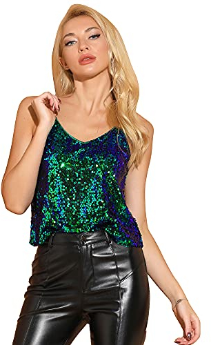 Allegra K Damen Festliches Oberteil Glitzer Top Spaghetti Party Club Camisole Pailletten Shirt Grün blau S