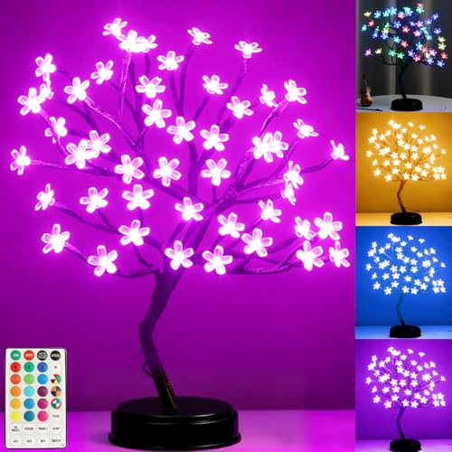 Pooqla - Luz de árbol de cerezo RGB RGB de 18 pulgadas, 48 luces LED con control remoto, 16 luces LED que cambian de color, flor artificial, árbol bonsái, mesa de árbol iluminado para el hogar, centro