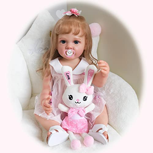 MineeQu 22 Zoll 55CM Lebensechtes kuscheliges Baby verwurzeltes Blondes Haar wiedergeborene Babypuppen Silikon-Vinyl Vollkörper anatomisch korrekt realistische Neugeborene Kleinkind-Mädchen-Puppen