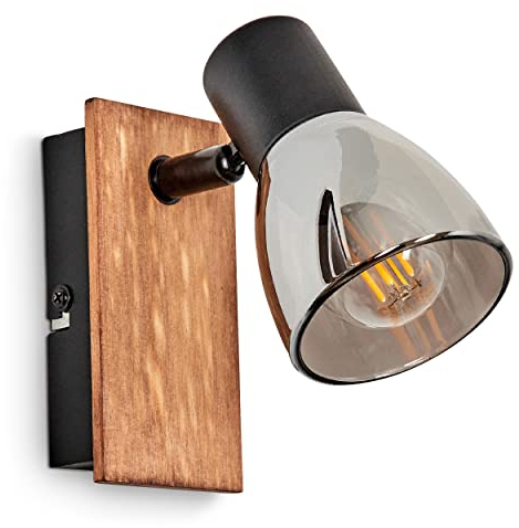 Wandleuchte Murianette, moderne Wandlampe aus Metall/Holz/Glas in Schwarz/Natur/Rauchfarben, Retro/Vintage Leuchte mit Schirm aus Rauchglas (Ø 7 cm), 1-flammig, 1 x E14, ohne Leuchtmittel