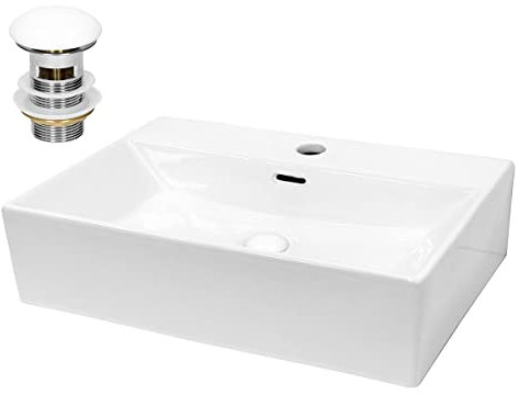 ECD Germany Lavabo en Céramique Blanc 515x360x130 mm avec Garniture de Vidage 1 1/4 Universelle et Trop-Plein, Design Rectangle, Vasque à Poser Moderne, Évier Lave-Mains pour Salle de Bain Toilettes