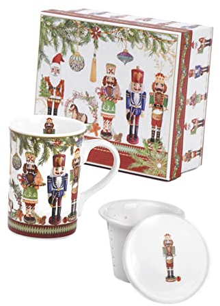 PABEN Set Tazza con Infusore Natalizia con Schiaccianoci Natalizi 11.6 cm in Porcellana Nàvel con Color Box