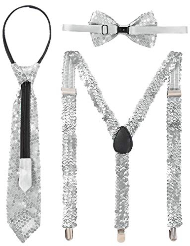 Freebily Damen Herren Pailletten Hosenträger Glitzer Fliegen Krawatte Set mit 3-Clips Y-Form Verstellbar Karneval Show Kostüm Mottoparty Zubehör Silber Einheitsgröße