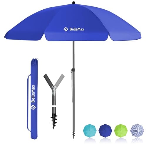 BelleMax Sonnenschirm Strand Windfest Stabil mit Bodenhülse & Schutzhülle 30° knickbar Sonnenschirm klein Rund Strandschirm Gartenschirm Marktschirm Sonnenschutz UV50+ Blau 160 cm