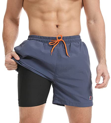JustSun Maillot de Bain Homme Short de Bain Homme 2 en 1 Séchage Rapide Surf Shorts Court Homme de Plage Piscine Sport Natation avec Compression Liner Jean Bleu M