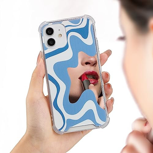 QLTYPRI Case for iPhone 12/iPhone 12 Pro, Cute Wave Pattern Mirror Case for Girls Women, Soft TPU Edge & Hard PC Back with Shockproof Air-Guard Corners Protective Phone Cover for iPhone 12/12 Pro–Blue