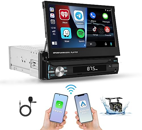 Hikity Autoradio 1 Din Wireless CarPlay Android Auto 7 Pollici Touchscreen Manual Pieghevole Stereo Auto Bluetooth con Schermo Mirror Link Radio FM BT SWC AUX USB Retrocamera, Nero