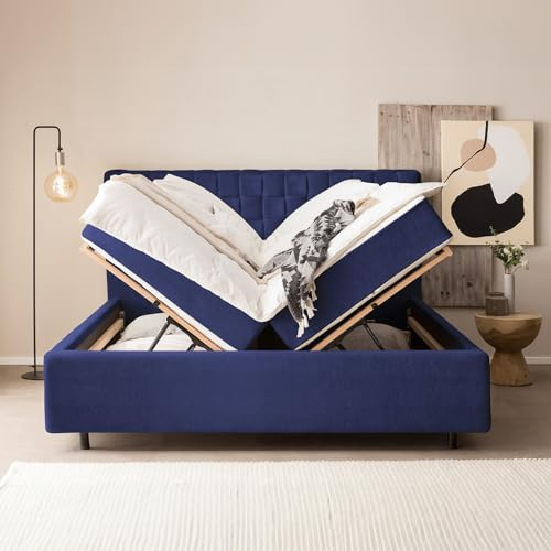 Bett mit Bettkasten 180x200 Barcelo Teddystoff, mit Matratze, Lattenrost, XXL Stauraum, Designer Polsterbett, Doppelbett, Aufbau KOSTENLOS (Blau, 180x200 cm mit Matratze)