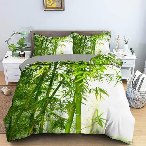 Syhi Mdse Parure de Lit 220x240 Adulte Vert Housse de Couette 2 Personnes avec Fermeture Éclair, Housse Couette Imprimée Bambou en Microfibre avec 2 Taies d'oreiller 65x65 cm