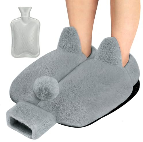 AFXXE Fußwärmer Ohne Strom, 2 in 1 Fusswärmer für erwachsene/kinder/Damen/Herren, 40x36cm Wärmflasche Füße für den Winter, 2L Groß Warme füße Waschbar, Super Weich und Warm fußwärmer Pads(Hellgrau)