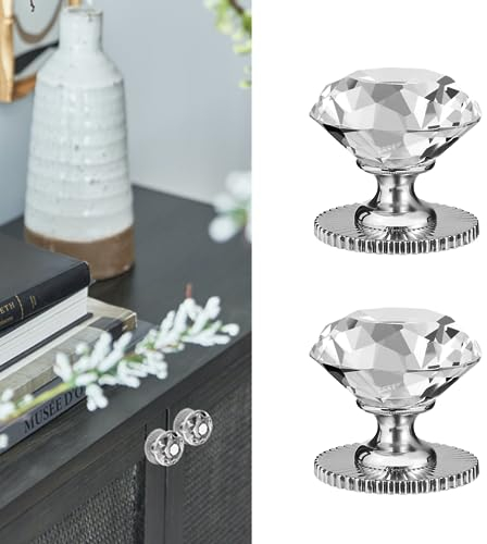 Elistonie Lot de 2 boutons de meubles autocollants en cristal - Poignées autocollantes pour miroir et armoire - Pour armoire, verre, porte coulissante, tiroir - Poignées en cristal transparent (2
