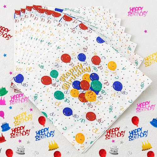 ALEGRE® 20 Stück Servietten Geburtstag + Konfetti Geburtstag Streudeko, Happy Birthday Servietten Kinder, Servietten Kindergeburtstag Bunt mit Ballon Muster, Tischdeko Geburtstag Napkins Servietten