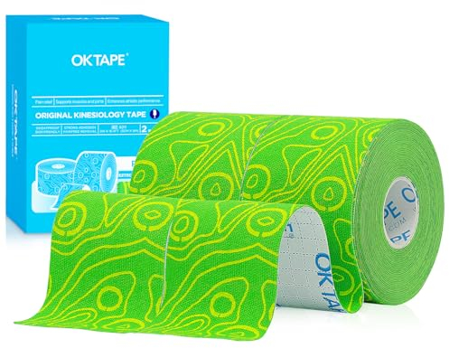 OK TAPE Pro Kinesiologie Tape (5cm x 5m) Wasserfestes Hautfreundliche elastisches Kinesiotape für Knieschmerzen, Ellenbogen und Schulter (2 Rollen,Grün)