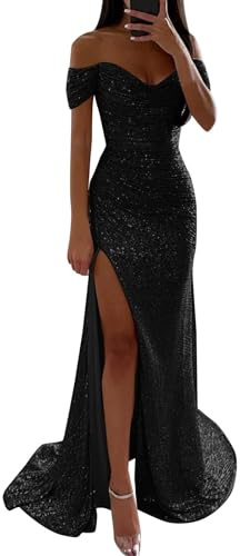 Damen Off Shoulder Pailletten Brautjungfernkleider Lang Split Elegant Formal Kleid Abendkleider A Linie Hochzeit Party Kleid Lang Abschlusskleid Cocktailkleid Lange Sexy Cocktailkleid