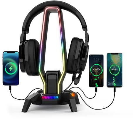 Jimonyer RGB Headphone Stand with 3 USB 3.0, 8 Light Modes Holder for Gaming Headsets, Controller Stand with Type-C Port, 3.5mm Jack Port, Earphone Hanger Accessories for Desktop Gamer(Black)