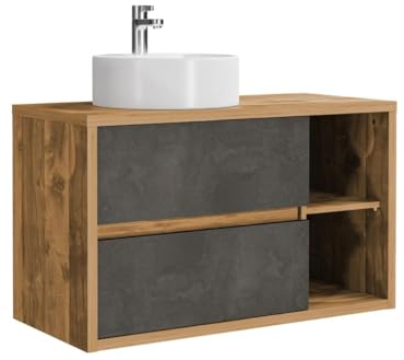 Vente-unique - Mueble de ba√±o Flotante con Lavabo Redondo - Aspecto de Madera y Gris Oscuro - 100 cm - TIKITIKI