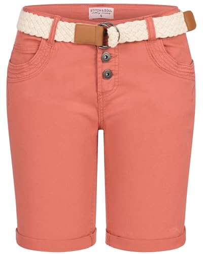 Stitch & Soul Damen Short Bermuda Kurze Hose Sommer Chino Stoff Hose mit Gürtel Neu