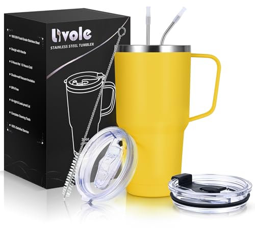 Livole 30oz 900ml Travel Tumbler with Handle, Insulated Vacuum Travel Coffee Mug, Stainless Steel Water Bottle Flask, Double Walled Leakproof Thermal Mug for Camping, Sports, Office, Home, Yellow