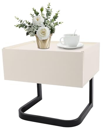 HUSPOO Nachttisch, Modern Nachtkästchen mit 1 Schublade Boho Nachtkommode für Schlafzimmer, Wohnzimmer (Creme Weiß)