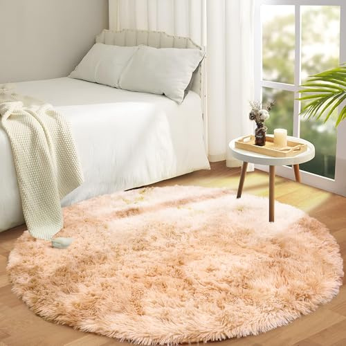 Aspire Homeware Runder Teppich für Wohnzimmer, Batik-Teppich, Beige, 120 x 120 cm, für Schlafzimmer, rutschfest, modern, superweich, flauschig, zottelig, Plüschteppich, Nachttisch für Kinderzimmer