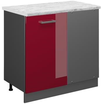 Vicco Eckunterschrank R-Line, Küchen Eckschrank, Bordeaux Hochglanz, 86 cm AP Marmor