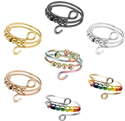 Mezrkuwr 7 Stück Verstellbare Anti Stress Ring, Edelstahl, Angst Spinning mit Perlen,Offene Spinner Damen,Anxiety Stressringe, Linderung von Ängsten, anti stress ring