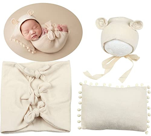 Keuyeo Neugeborene Fotografie Wraps Für Junge Mädchen Fotoshooting Neugeborenen Fotografie Requisiten Outfits Baby Strick Wraps Posing Kissen Bär Hut Set Foto Shooting Zubehör