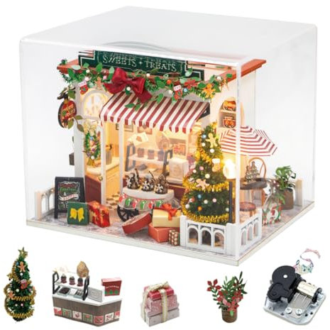 Christmas Dollhouse DIY Miniature House Furniture Kit,Wooden Sweet Treats Shop with Dust Cover And Music Box, Puzzle Toy Creative Gift Kid Teen Birthday