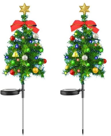 2 Set Solar Xmas Christmas Tree & Pathway Lights - Waterproof Outdoor Decor with Bow & Bell