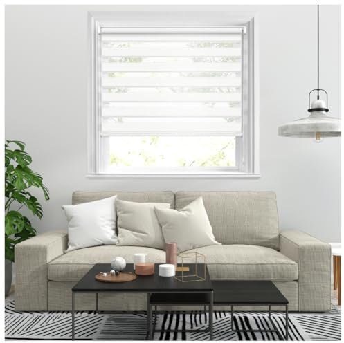 J.Din Zebra Roller Blinds Windows Door Curtain For Bedroom Light Filtering Day and Night Window Shades Blind Easy Fit Double Layer Fabric Translucent Vision Curtains (White, 114cm x 165cm)